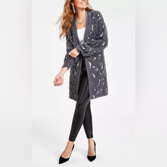New NWT I.N.C. Women's Fuzzy Animal-Print Open-Front Cardigan gray XL - Picture 1 of 10